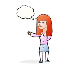 cartoon woman gesturing to show something with thought bubble