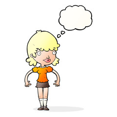 cartoon happy woman with thought bubble