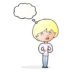 cartoon woman making Who Me? gesture with thought bubble