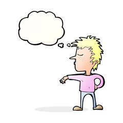 cartoon man making camp gesture with thought bubble