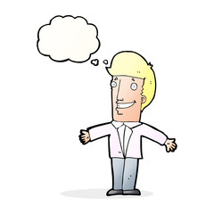 cartoon grining man with open arms with thought bubble