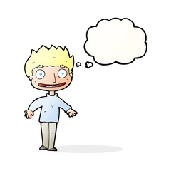 cartoon excited boy with thought bubble