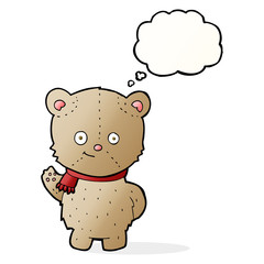 cartoon waving teddy bear with thought bubble