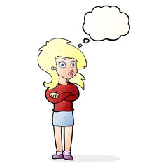 cartoon woman with folded arms with thought bubble