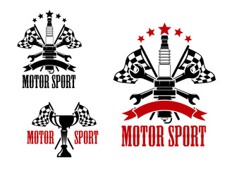 Fototapeta na wymiar Motor race icons with trophy and spark plug