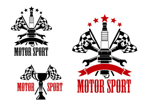 Motor race icons with trophy and spark plug