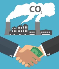 Corruption concept. Hand giving money to another hand, with a factory emitting carbon dioxide in the background. Flat design