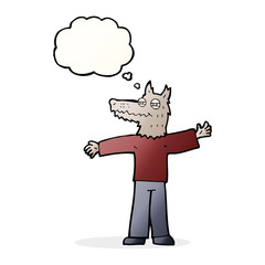 cartoon happy wolf man with thought bubble
