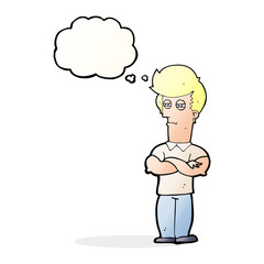 cartoon man with folded arms with thought bubble