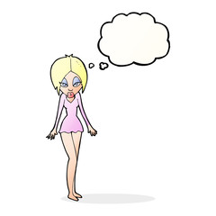 cartoon woman in short dress with thought bubble