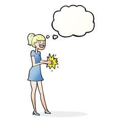 cartoon woman clapping hands with thought bubble