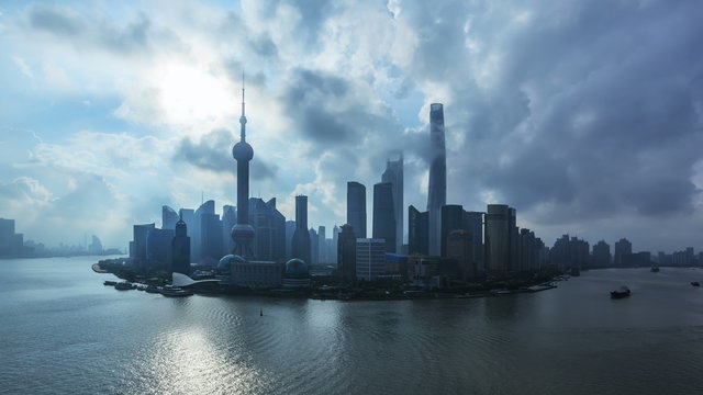 4K Timelapse:China Shanghai, Pudong Skyline and Huangpu River at Sunrise.