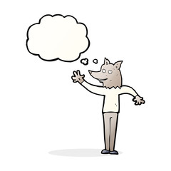cartoon waving wolf man with thought bubble