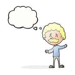 cartoon happy man with mustache with thought bubble