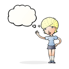 cartoon girl waving with thought bubble