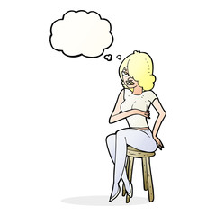 cartoon woman sitting on bar stool with thought bubble