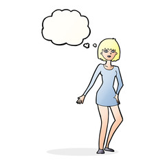 cartoon woman in dress with thought bubble