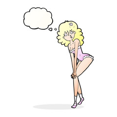 cartoon woman in lingerie with thought bubble