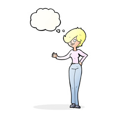 cartoon woman waving with thought bubble