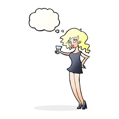 cartoon woman at party with thought bubble