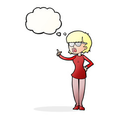 cartoon woman wearing spectacles with thought bubble