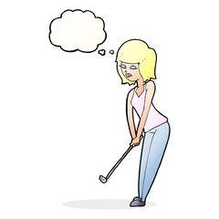 cartoon woman playing golf with thought bubble