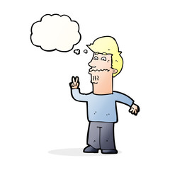 cartoon man giving peace sign with thought bubble