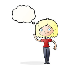 cartoon woman waving with thought bubble