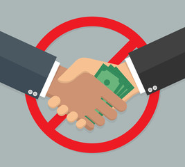 Anti corruption concept. Handshake with red prohibition sign in the background. Flat design
