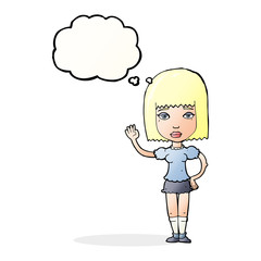 cartoon woman waving with thought bubble