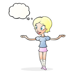 cartoon woman with arms spread wide with thought bubble