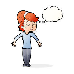 cartoon friendly woman shrugging shoulders with thought bubble