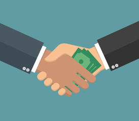 Handshake with money - Corruption concept in flat style - Hand giving money to another through handshake. Flat design
