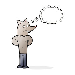 cartoon wolf man with thought bubble