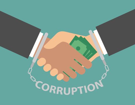 Anti corruption concept. Hand giving money bills to another through handshake. Handcuffed handshake. Flat design