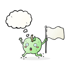 cartoon funny apple with flag with thought bubble
