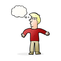 cartoon man shrugging shoulders with thought bubble