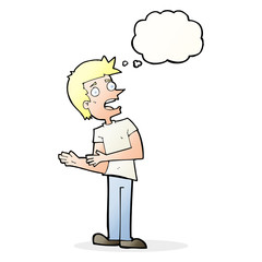 cartoon man making excuses with thought bubble