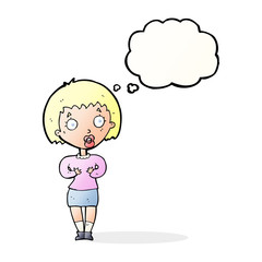 cartoon woman making Who Me? gesture with thought bubble