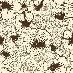 Illustration of floral seamless. Isolated tropical flowers and leafs on background.