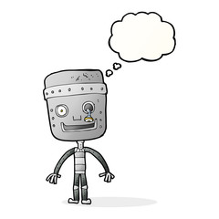 cartoon funny robot with thought bubble