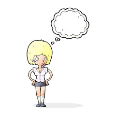 cartoon woman with hands on hips with thought bubble