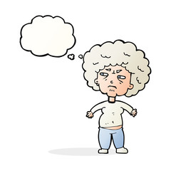 cartoon annoyed old woman with thought bubble