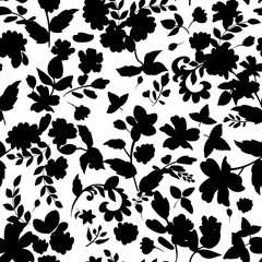 Abstract seamless pattern with isolated black flowers silhouettes on white background. - 103488296