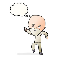 cartoon worried old man pointing with thought bubble