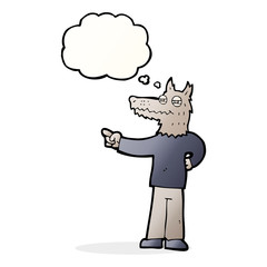 cartoon pointing wolf man with thought bubble