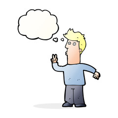 cartoon man signalling with hand with thought bubble