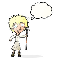 cartoon crazy woman with spear with thought bubble