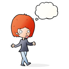 cartoon confused woman with thought bubble