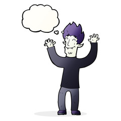 cartoon happy vampire man with thought bubble